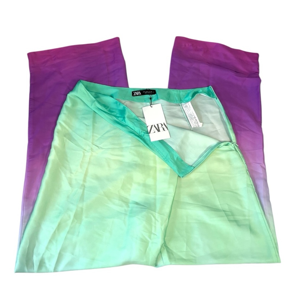 Zara Women's Green Purple Ombre Wide Leg Pareo High Waist Pants Size Large - Picture 7 of 10